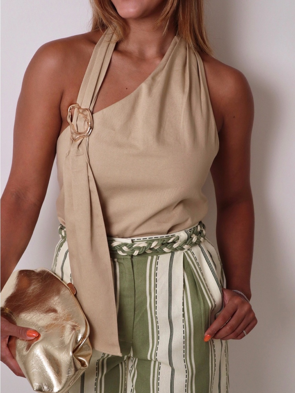 Beige One-Shoulder Halter Top - Neutral Chic